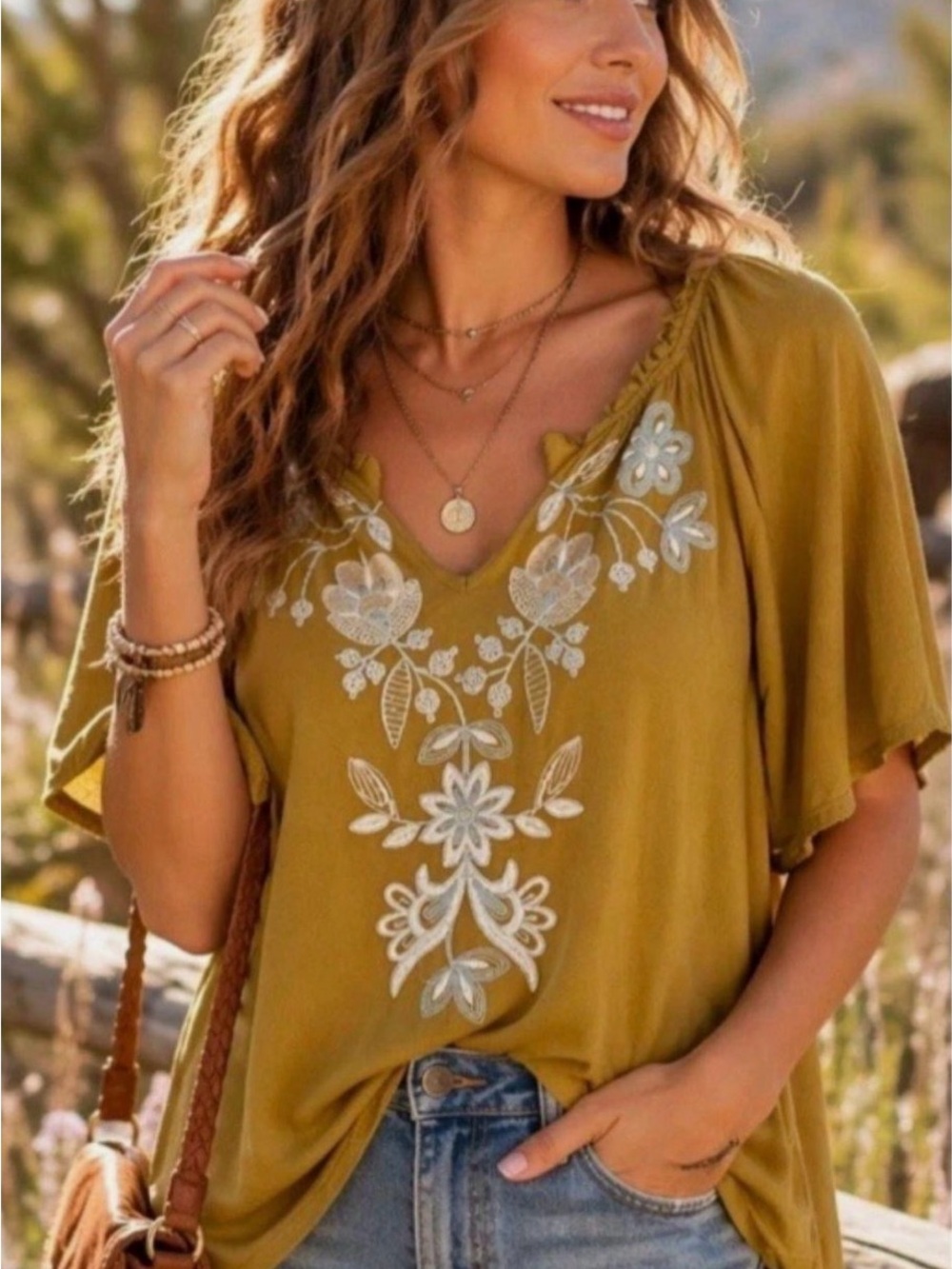 J.Jill Embroider, Ruffle, with lace trim cotton & modal blend top, Size small